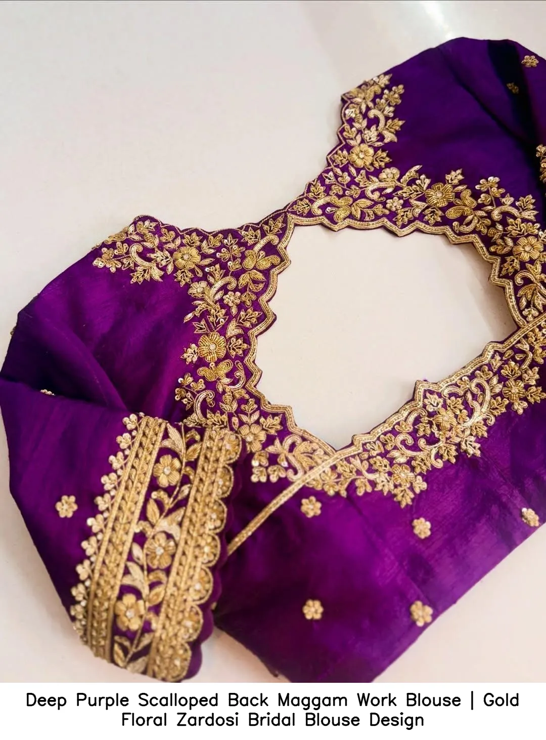 Deep Purple Scalloped Back Maggam Work Blouse | Gold Floral Zardosi Bridal Blouse Design