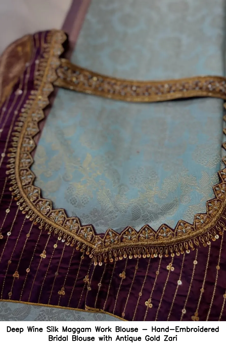 Deep Wine Silk Maggam Work Blouse - Hand-Embroidered Bridal Blouse with Antique Gold Zari