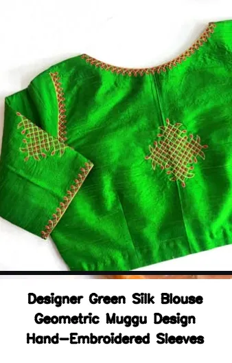 Designer Green Silk Blouse Geometric Muggu Design Hand-Embroidered Sleeves