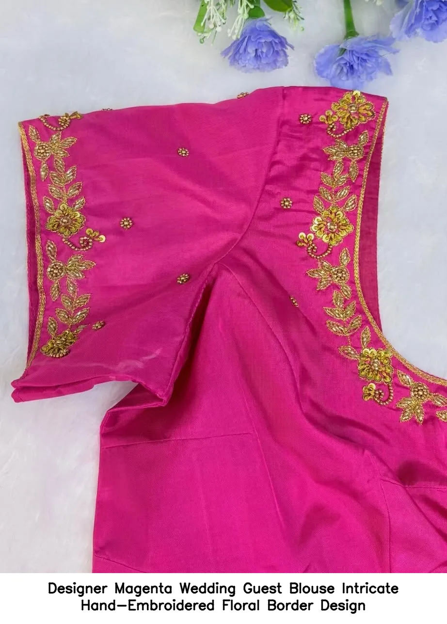 Designer Magenta Wedding Guest Blouse – Intricate Hand-Embroidered Floral Border Design
