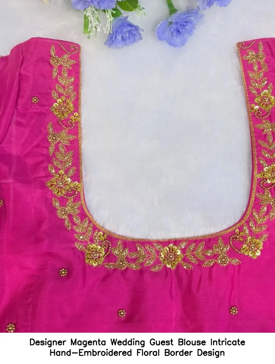 Designer Magenta Wedding Guest Blouse – Intricate Hand-Embroidered Floral Border Design