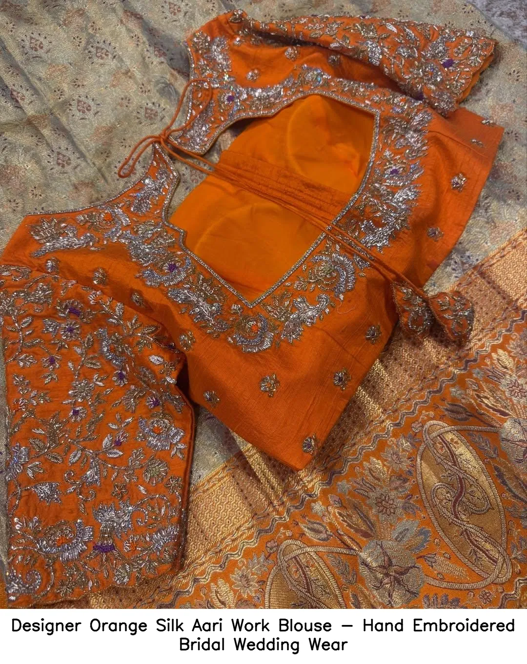 Designer Orange Silk Aari Work Blouse - Hand Embroidered Bridal Wedding Wear