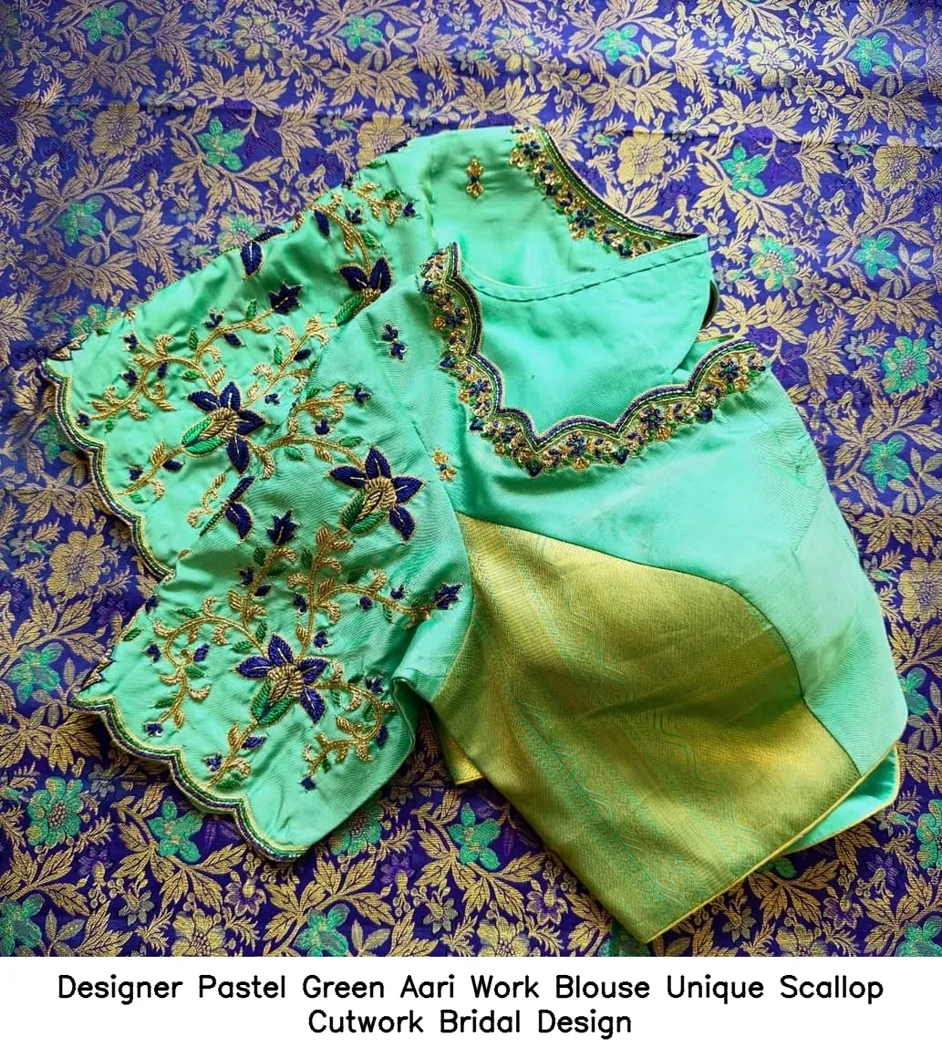 Designer Pastel Green Aari Work Blouse – Unique Scallop Cutwork Bridal Design