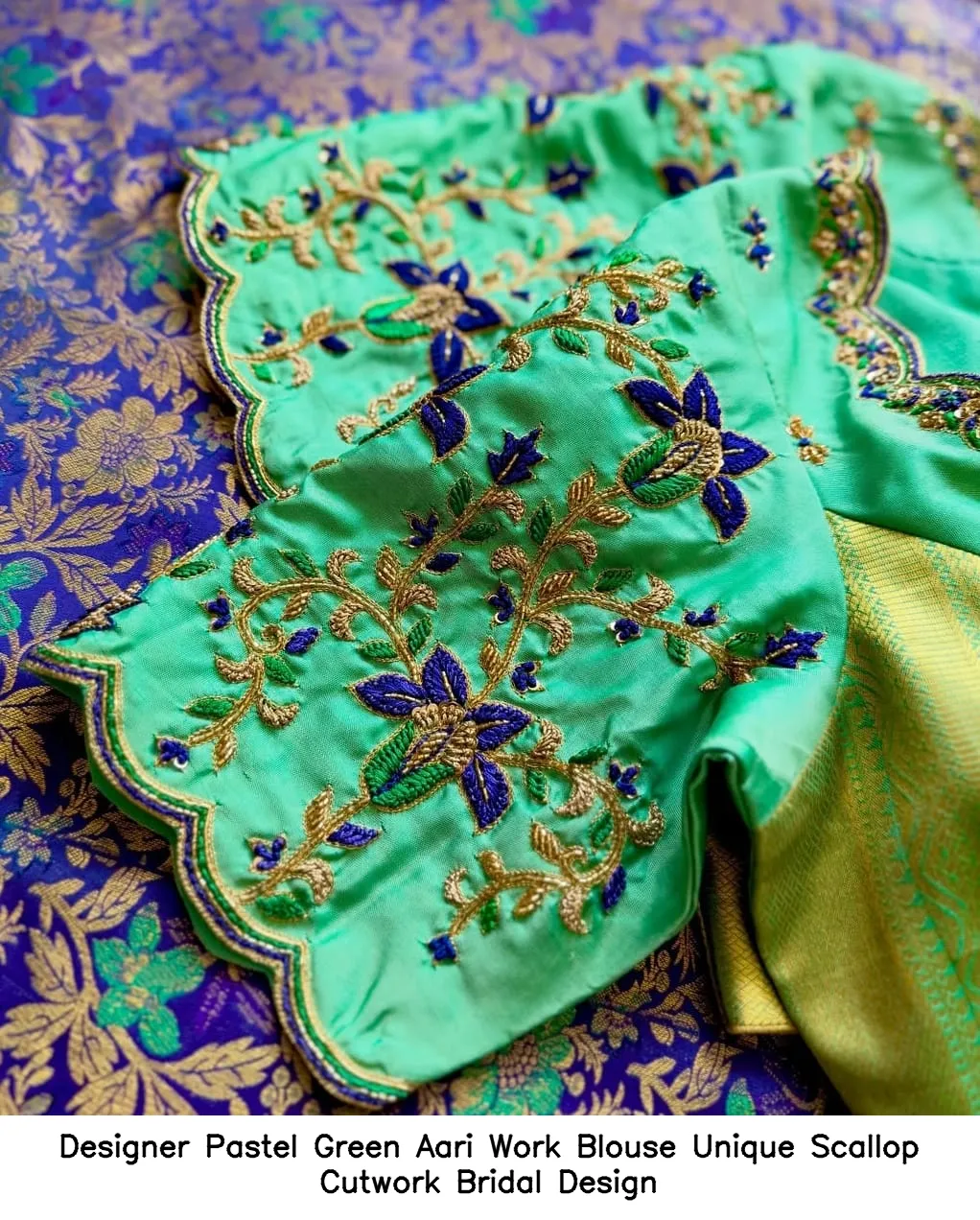Designer Pastel Green Aari Work Blouse – Unique Scallop Cutwork Bridal Design