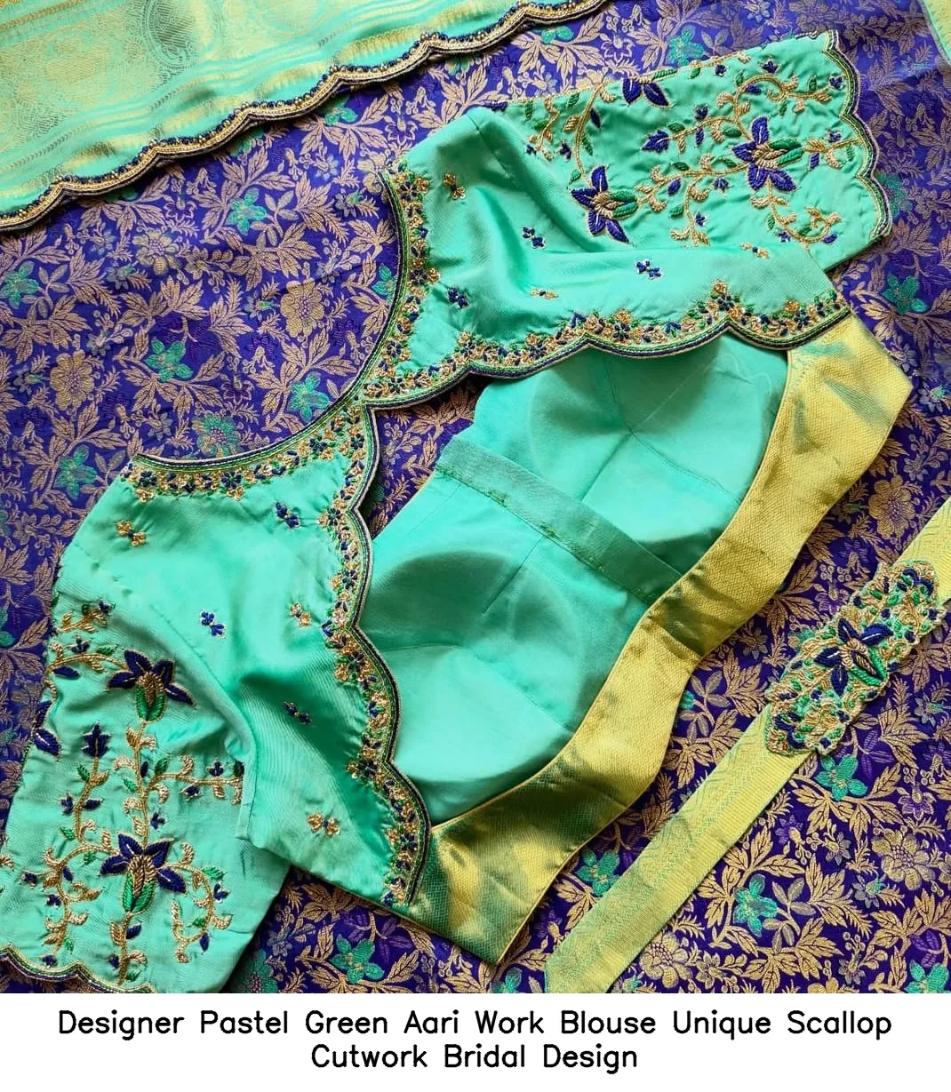 Designer Pastel Green Aari Work Blouse – Unique Scallop Cutwork Bridal Design
