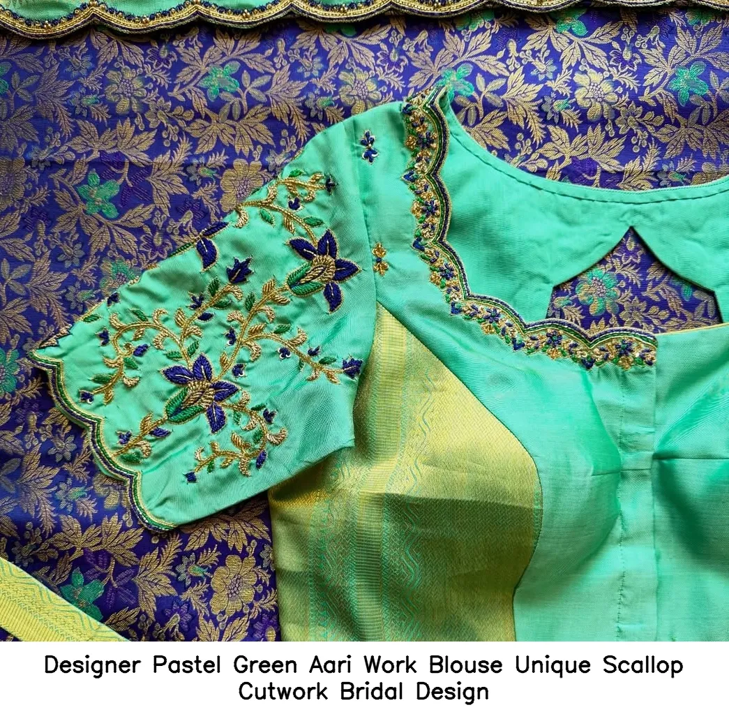 Designer Pastel Green Aari Work Blouse – Unique Scallop Cutwork Bridal Design