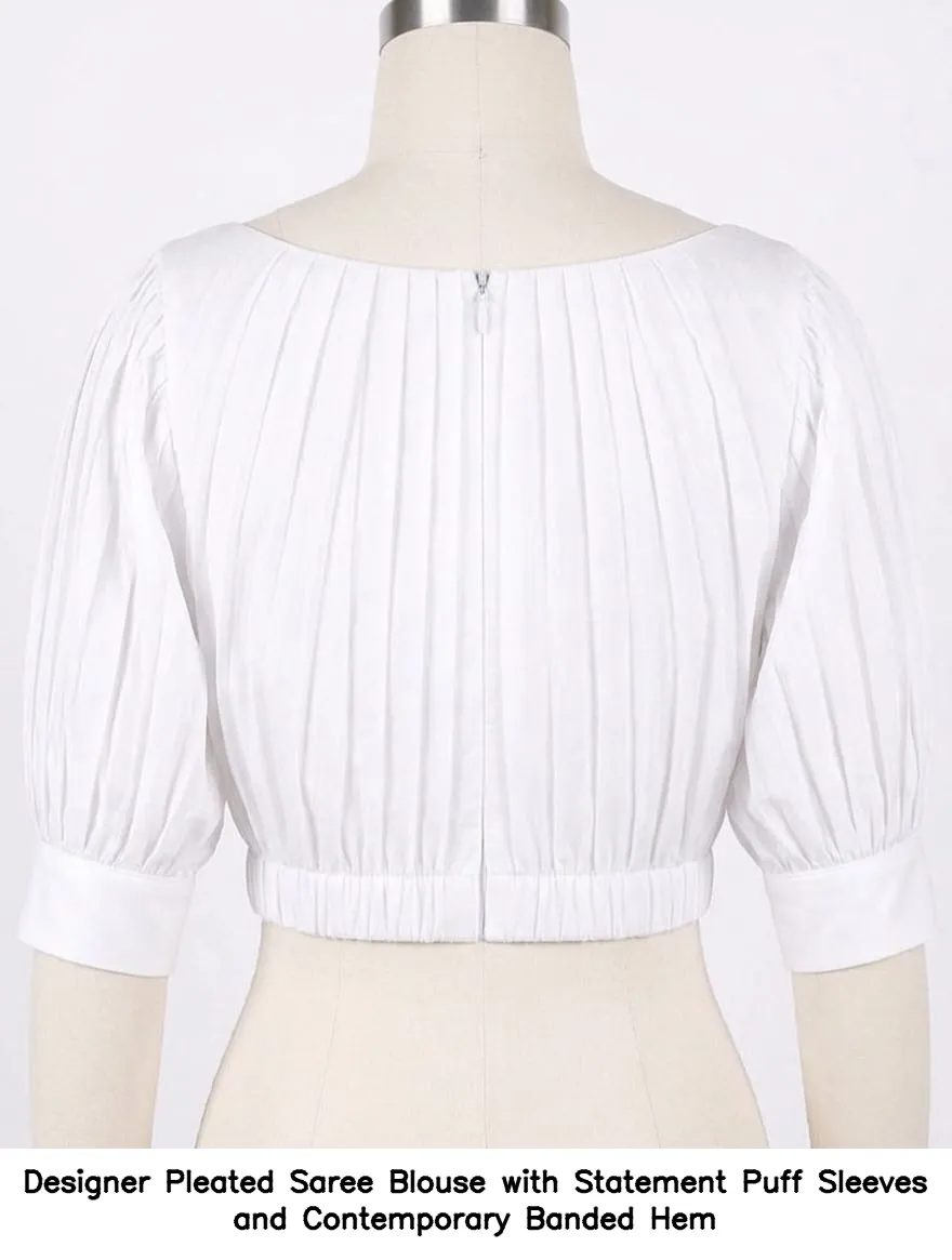 Designer Pleated Saree Blouse with Statement Puff Sleeves and Contemporary Banded Hem