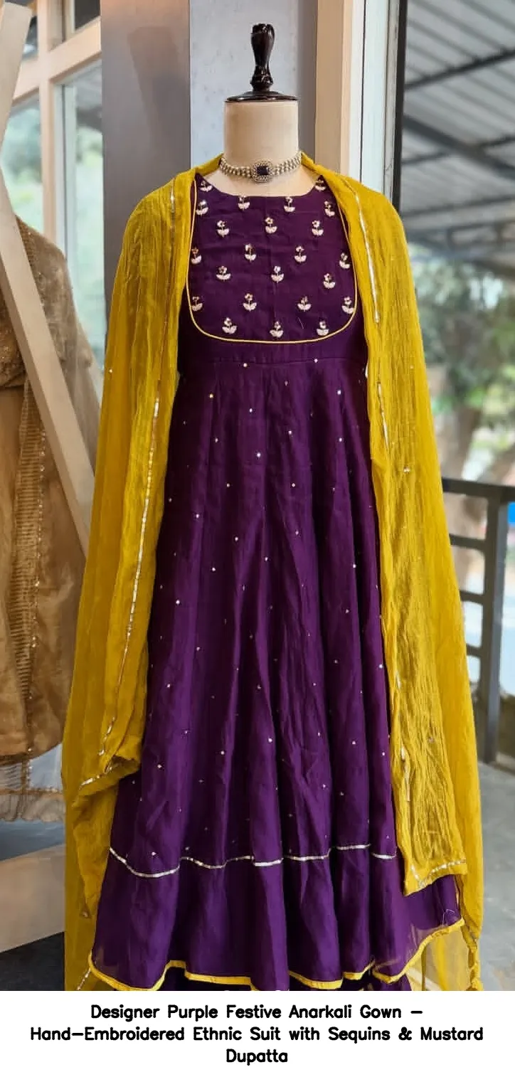 Designer Purple Festive Anarkali Gown - Hand-Embroidered Ethnic Suit with Sequins & Mustard Dupatta