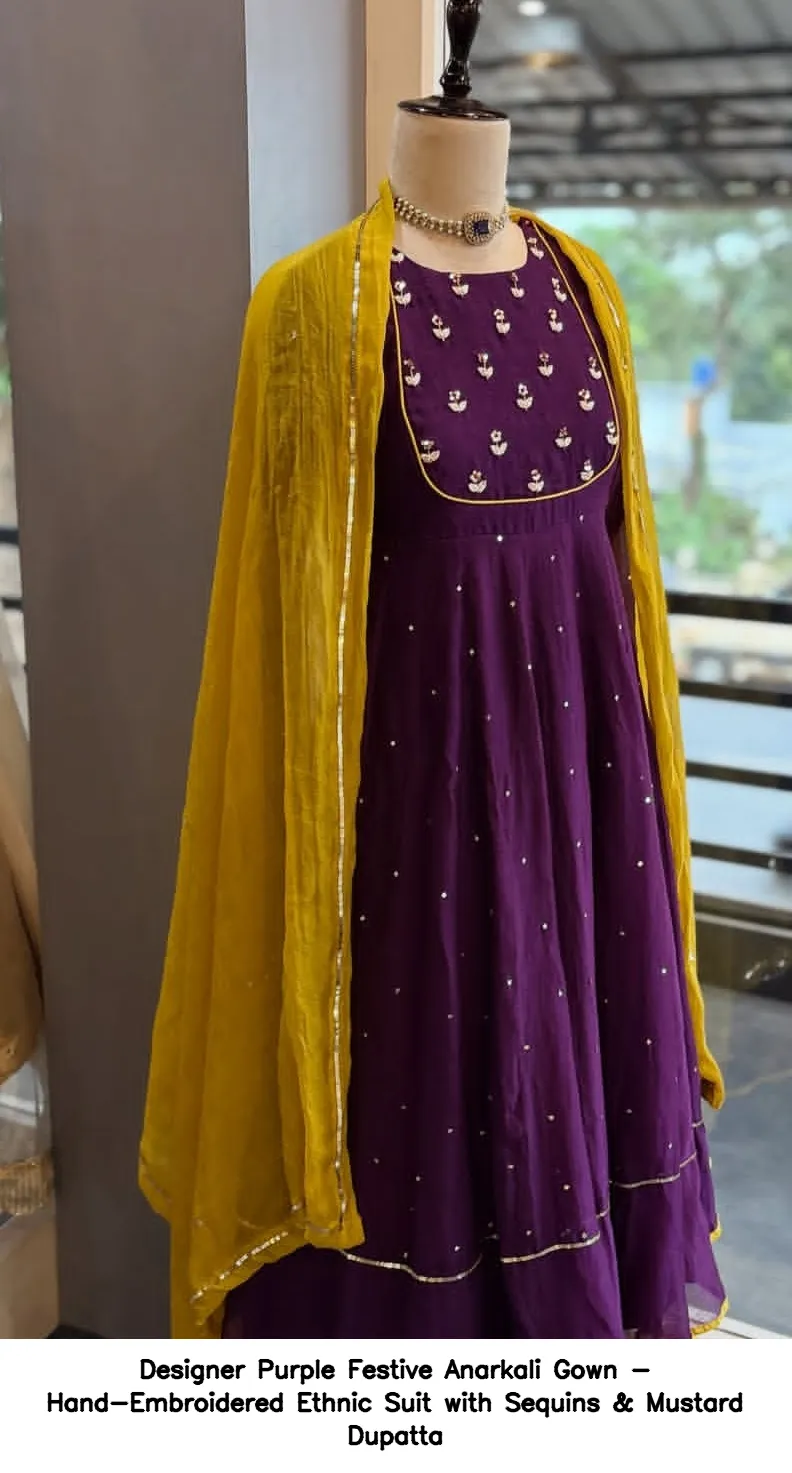 Designer Purple Festive Anarkali Gown - Hand-Embroidered Ethnic Suit with Sequins & Mustard Dupatta - Image 2