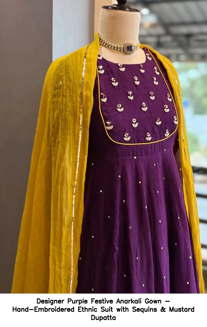 Designer Purple Festive Anarkali Gown - Hand-Embroidered Ethnic Suit with Sequins & Mustard Dupatta - Image 3
