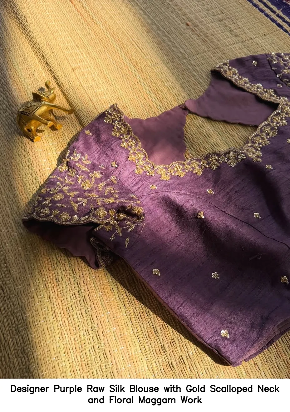 Designer Purple Raw Silk Blouse with Gold Scalloped Neck and Floral Maggam Work