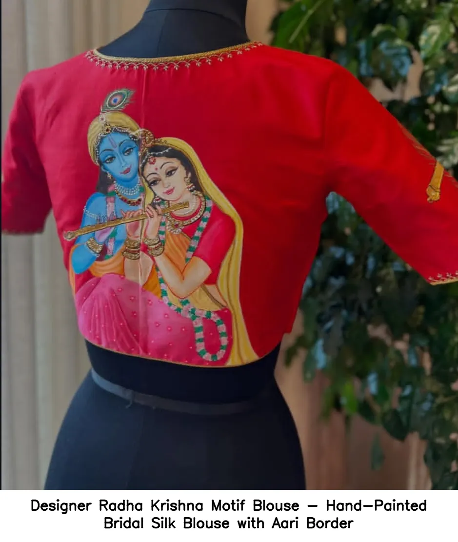 Designer Radha Krishna Motif Blouse - Hand-Painted Bridal Silk Blouse with Aari Border