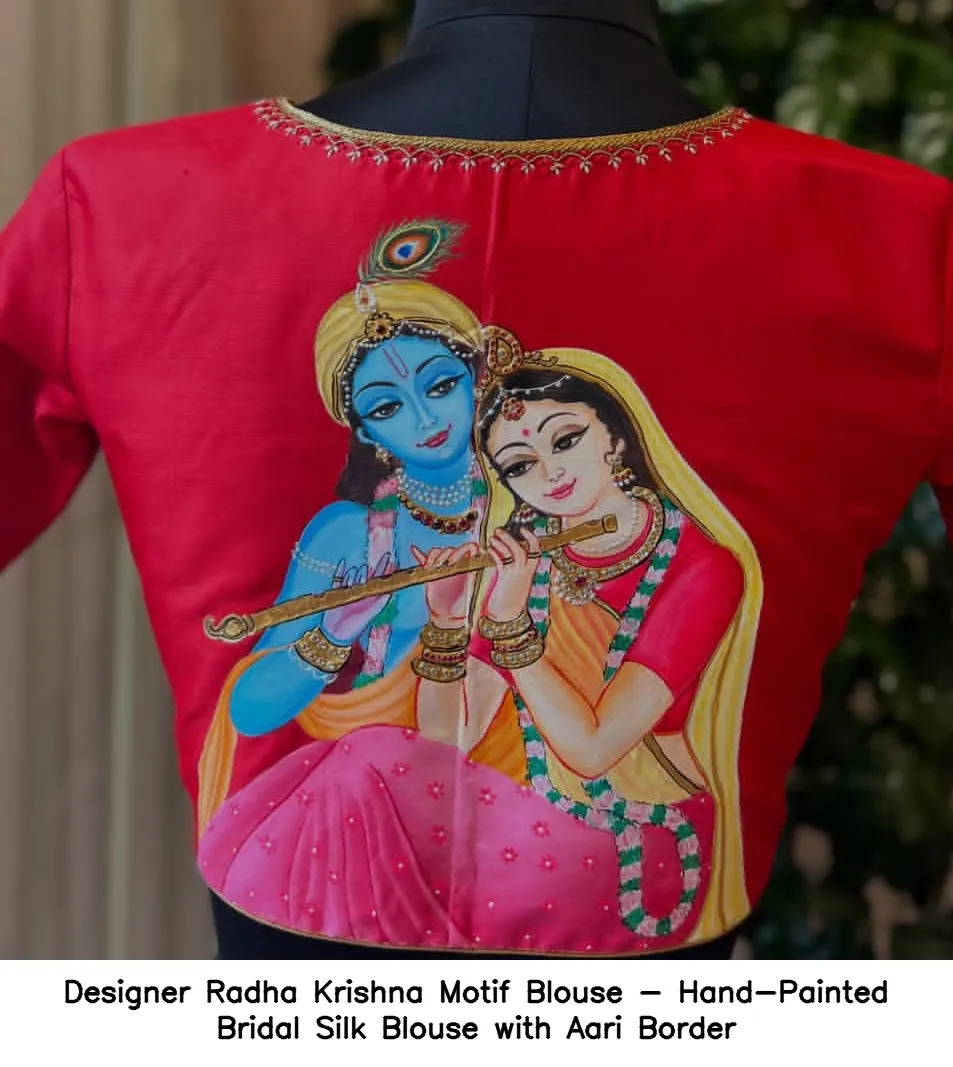 Designer Radha Krishna Motif Blouse - Hand-Painted Bridal Silk Blouse with Aari Border - Image 2