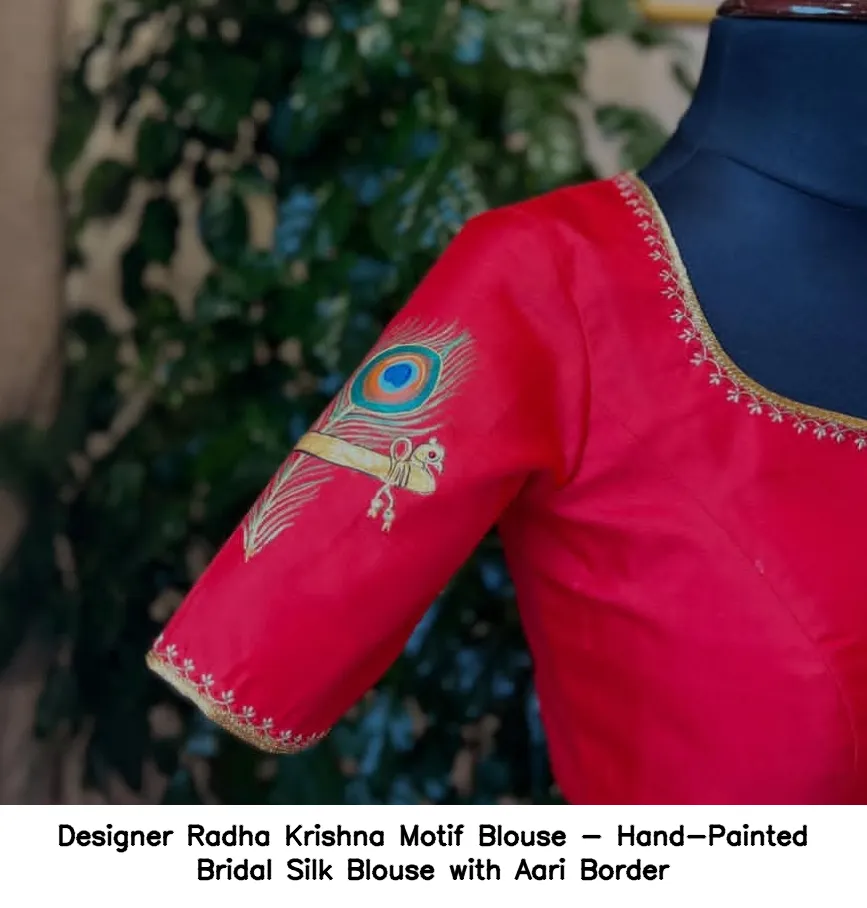 Designer Radha Krishna Motif Blouse - Hand-Painted Bridal Silk Blouse with Aari Border - Image 3