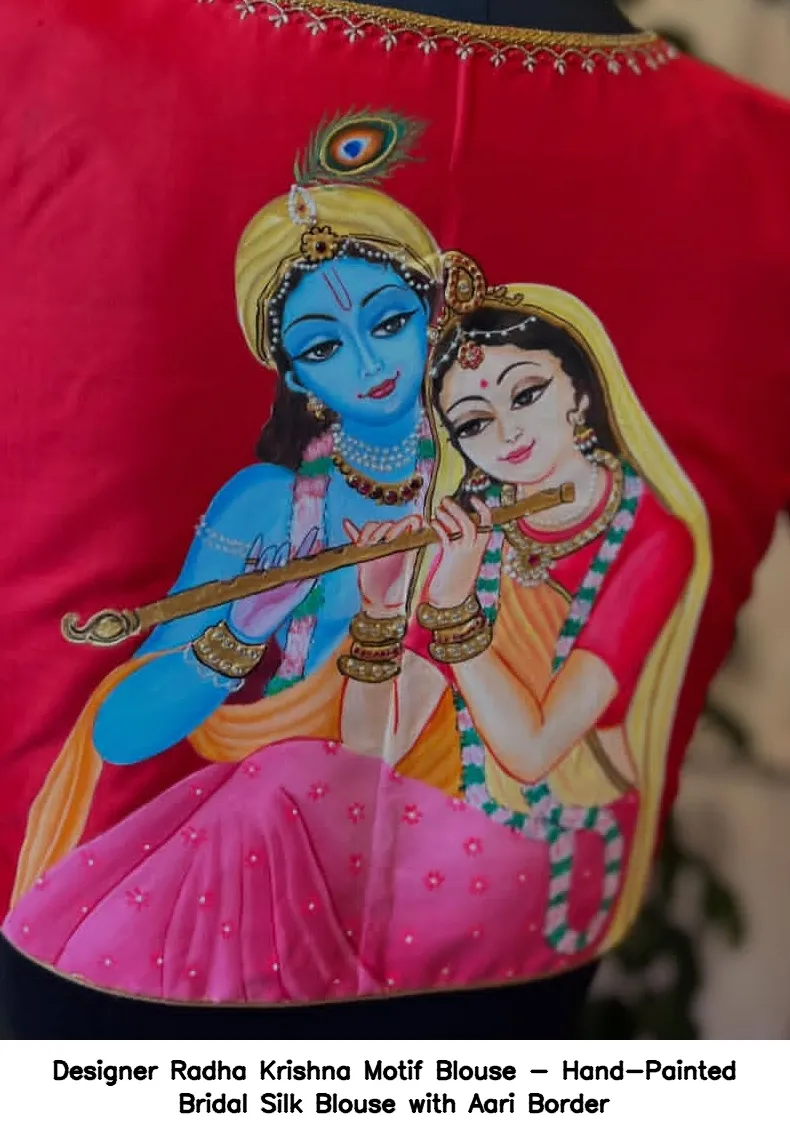 Designer Radha Krishna Motif Blouse - Hand-Painted Bridal Silk Blouse with Aari Border - Image 4