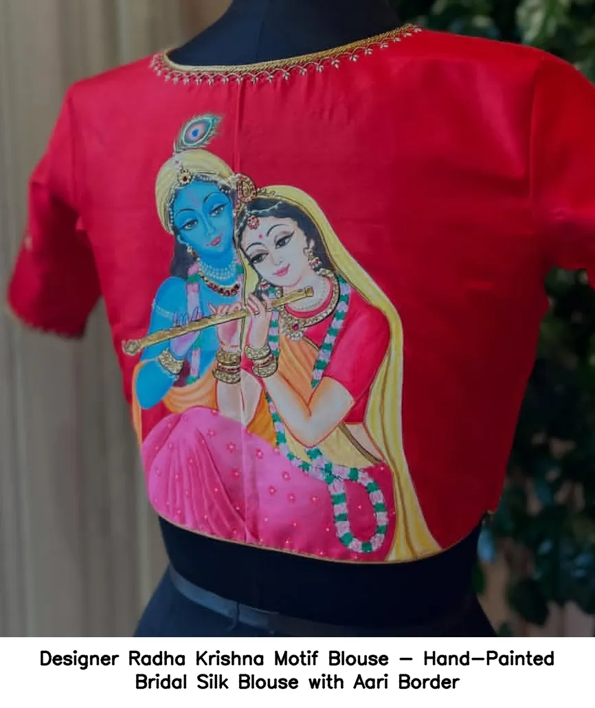 Designer Radha Krishna Motif Blouse - Hand-Painted Bridal Silk Blouse with Aari Border - Image 5