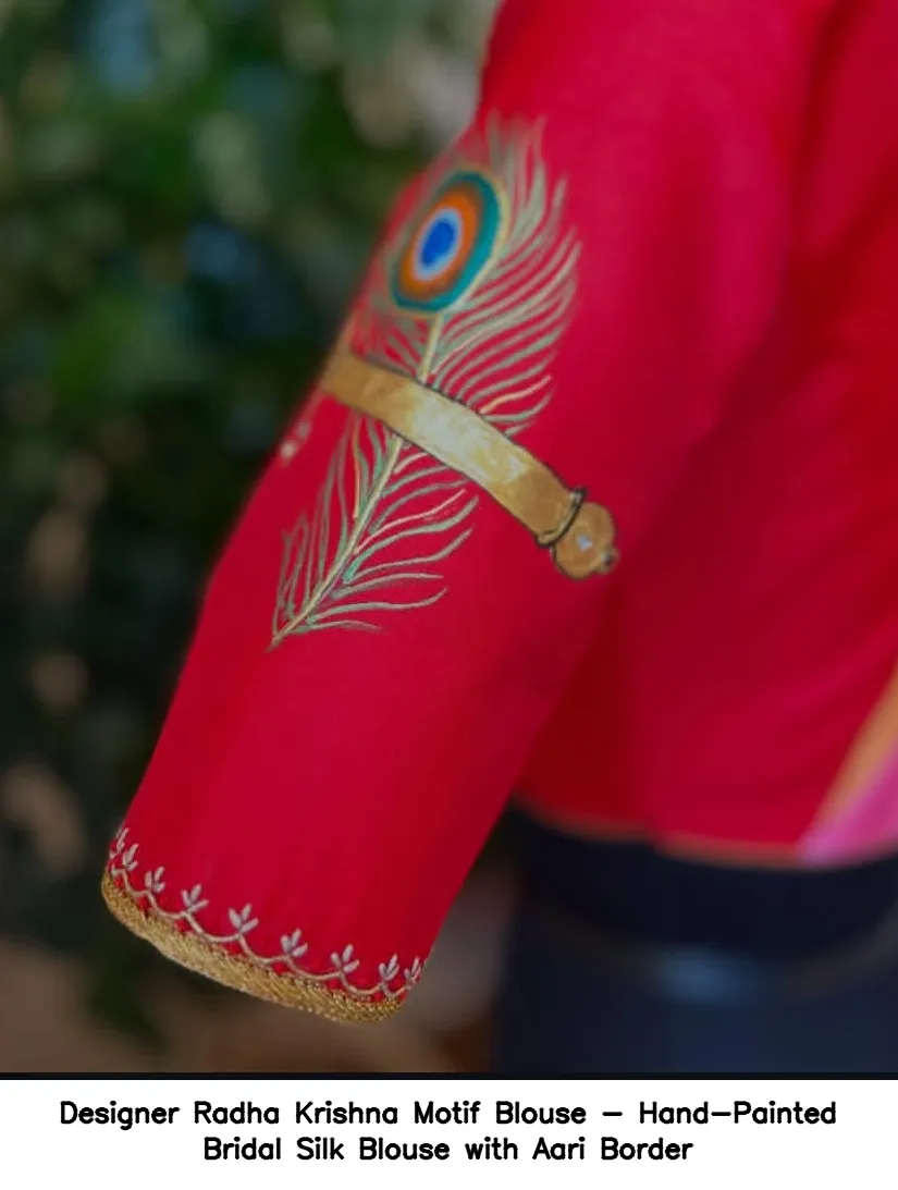 Designer Radha Krishna Motif Blouse - Hand-Painted Bridal Silk Blouse with Aari Border - Image 6