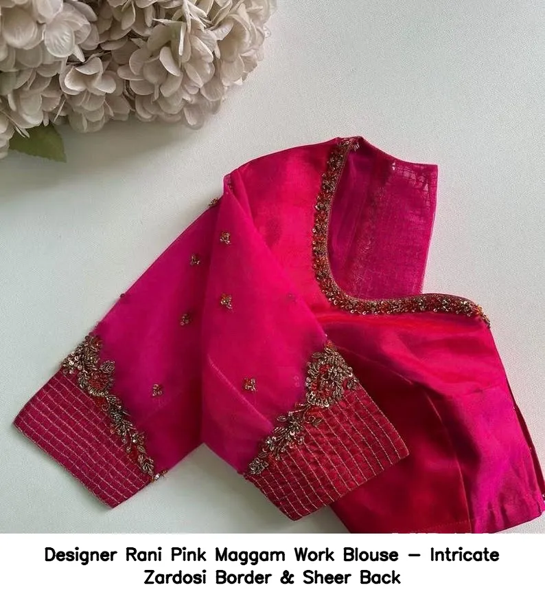 Designer Rani Pink Maggam Work Blouse - Intricate Zardosi Border & Sheer Back