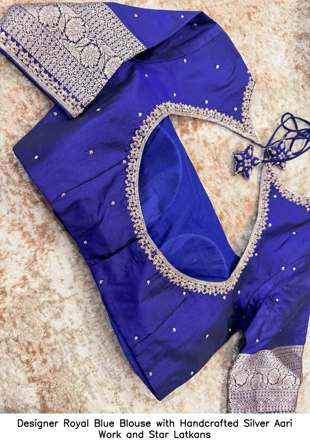 Designer Royal Blue Blouse with Handcrafted Silver Aari Work and Star Latkans
