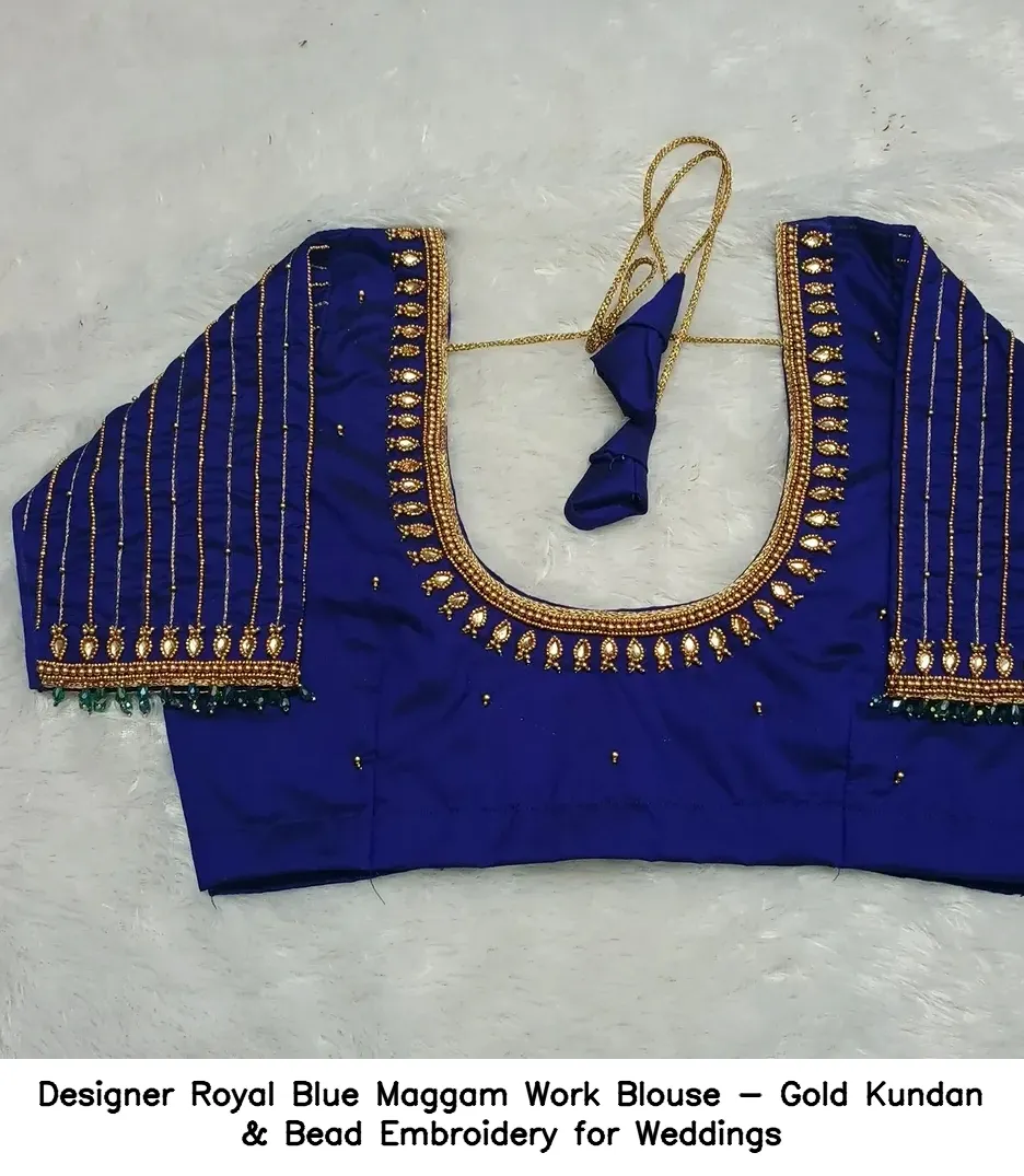 Designer Royal Blue Maggam Work Blouse - Gold Kundan & Bead Embroidery for Weddings
