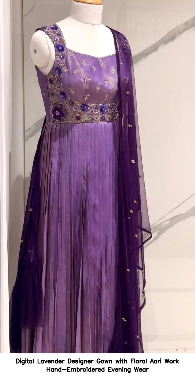Digital Lavender Designer Gown with Floral Aari Work Hand-Embroidered Evening Wear