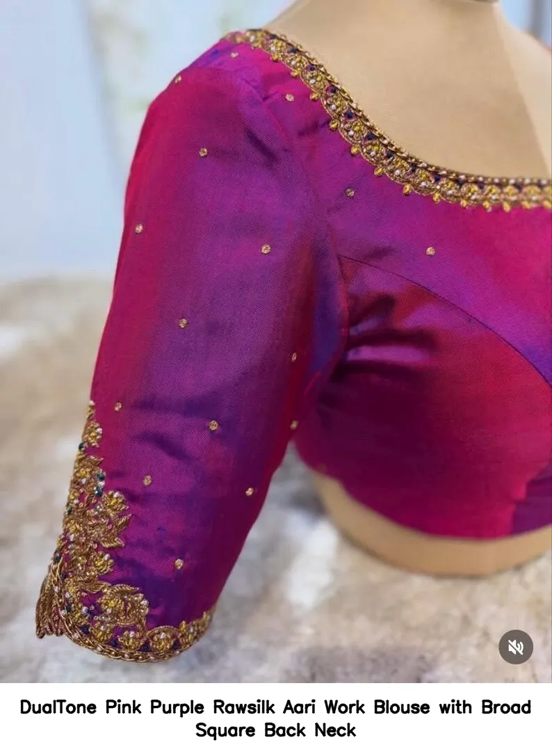 DualTone Pink Purple Rawsilk Aari Work Blouse with Broad Square Back Neck