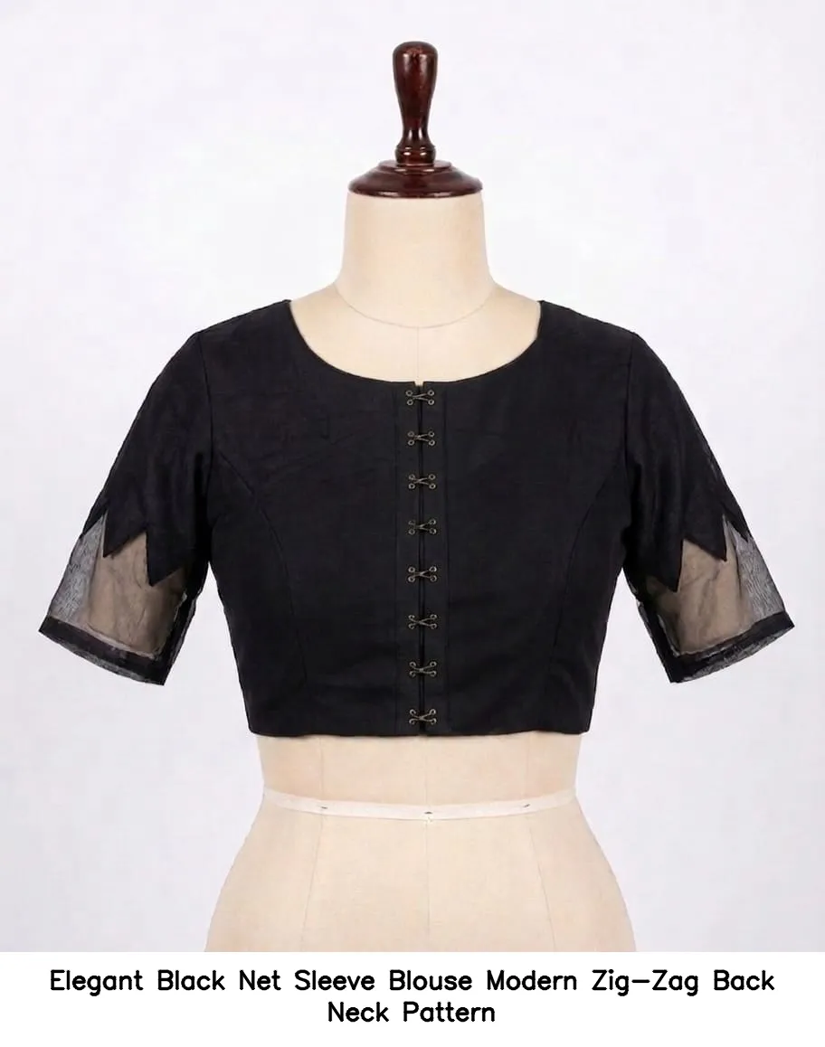 Elegant Black Net Sleeve Blouse – Modern Zig-Zag Back Neck Pattern