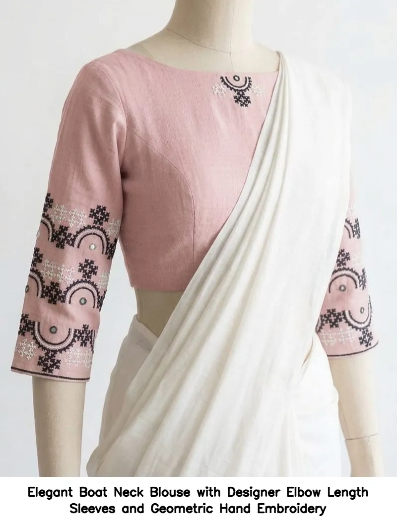 Elegant Boat Neck Blouse with Designer Elbow Length Sleeves and Geometric Hand Embroidery
