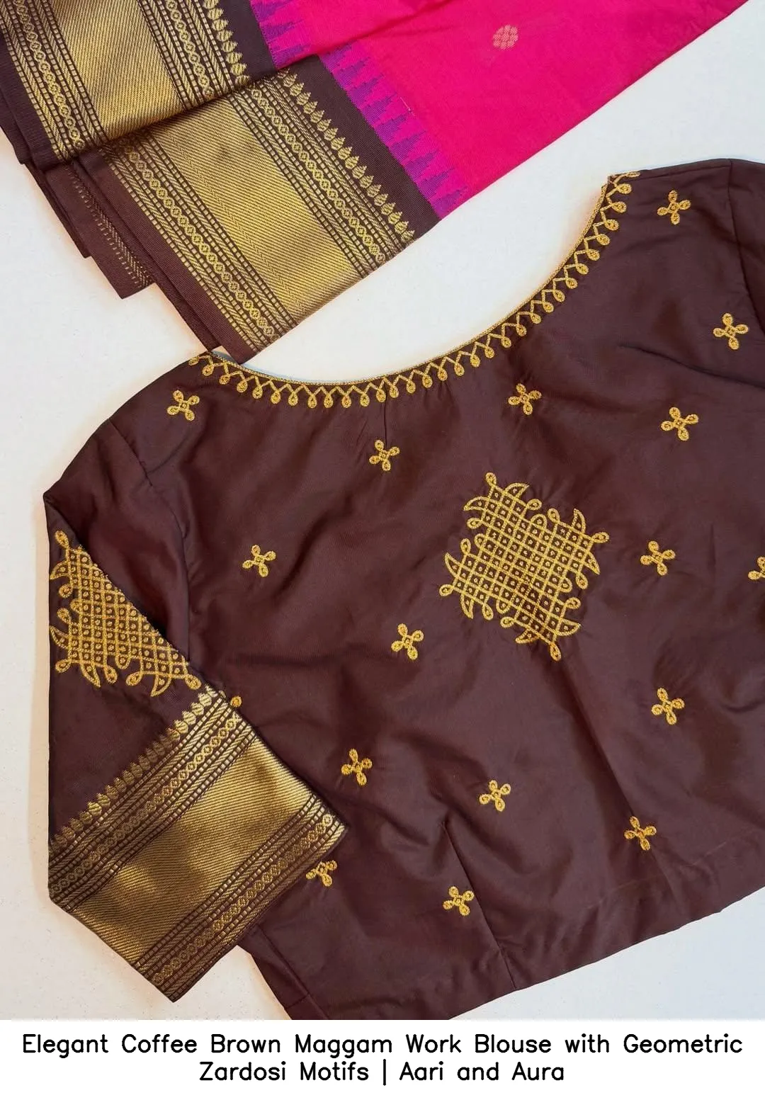 Elegant Coffee Brown Maggam Work Blouse with Geometric Zardosi Motifs | Aari and Aura