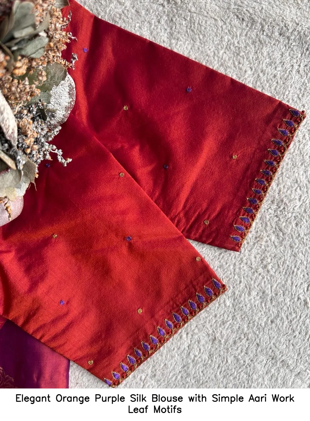 Elegant Orange Purple Silk Blouse with Simple Aari Work Leaf Motifs