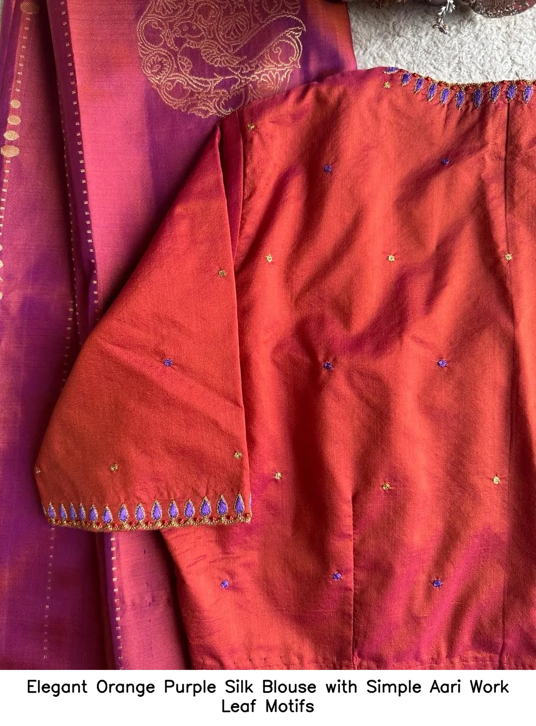 Elegant Orange Purple Silk Blouse with Simple Aari Work Leaf Motifs