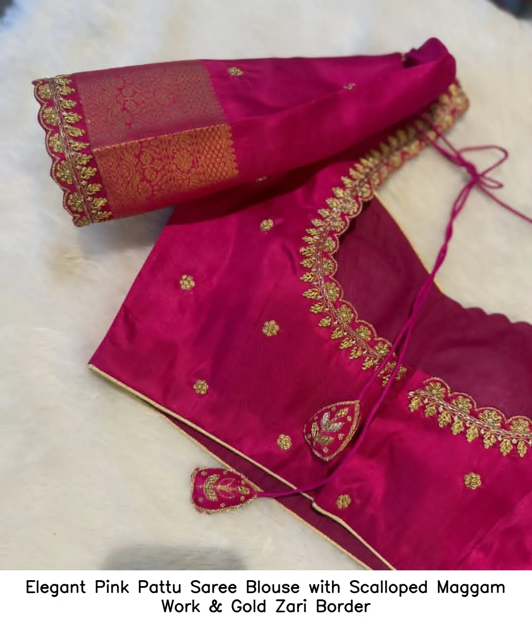 Elegant Pink Pattu Saree Blouse with Scalloped Maggam Work & Gold Zari Border