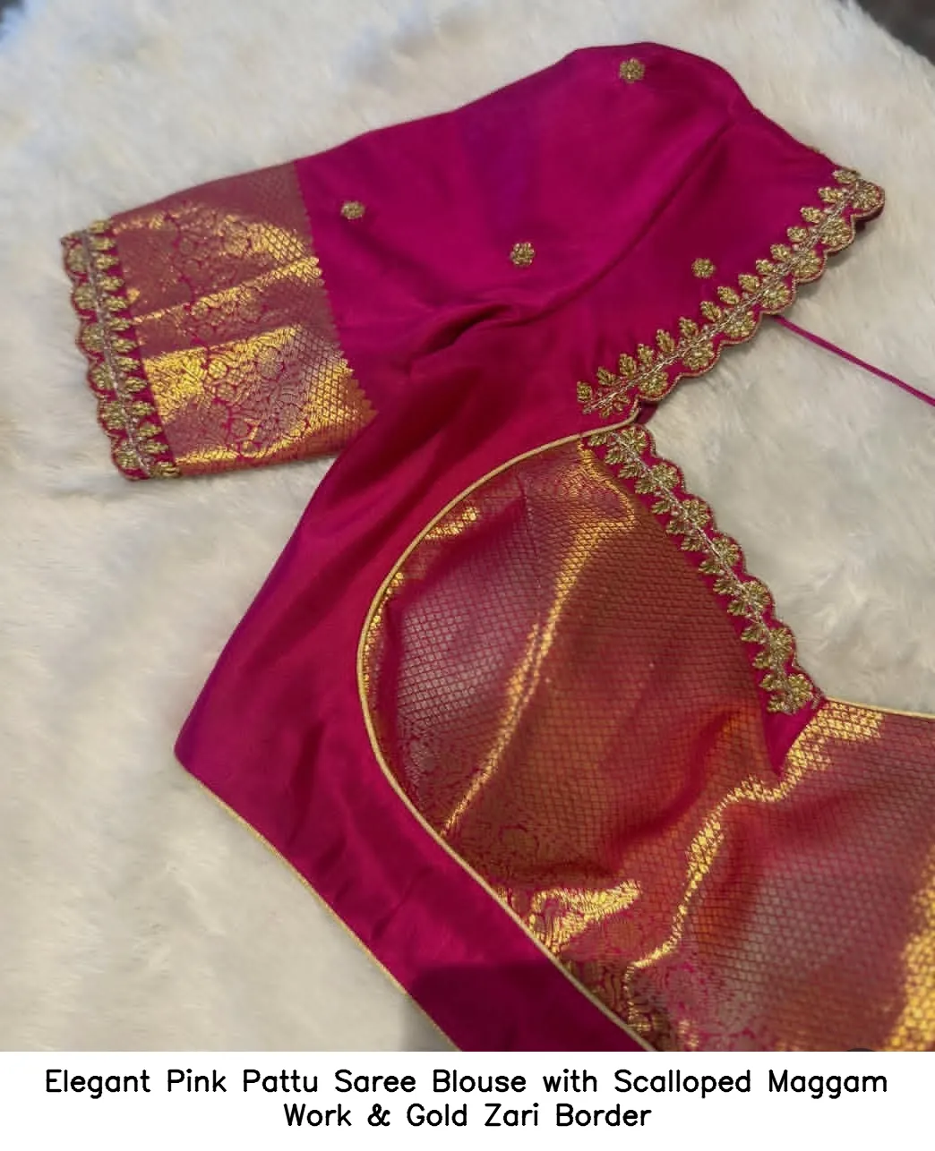 Elegant Pink Pattu Saree Blouse with Scalloped Maggam Work & Gold Zari Border
