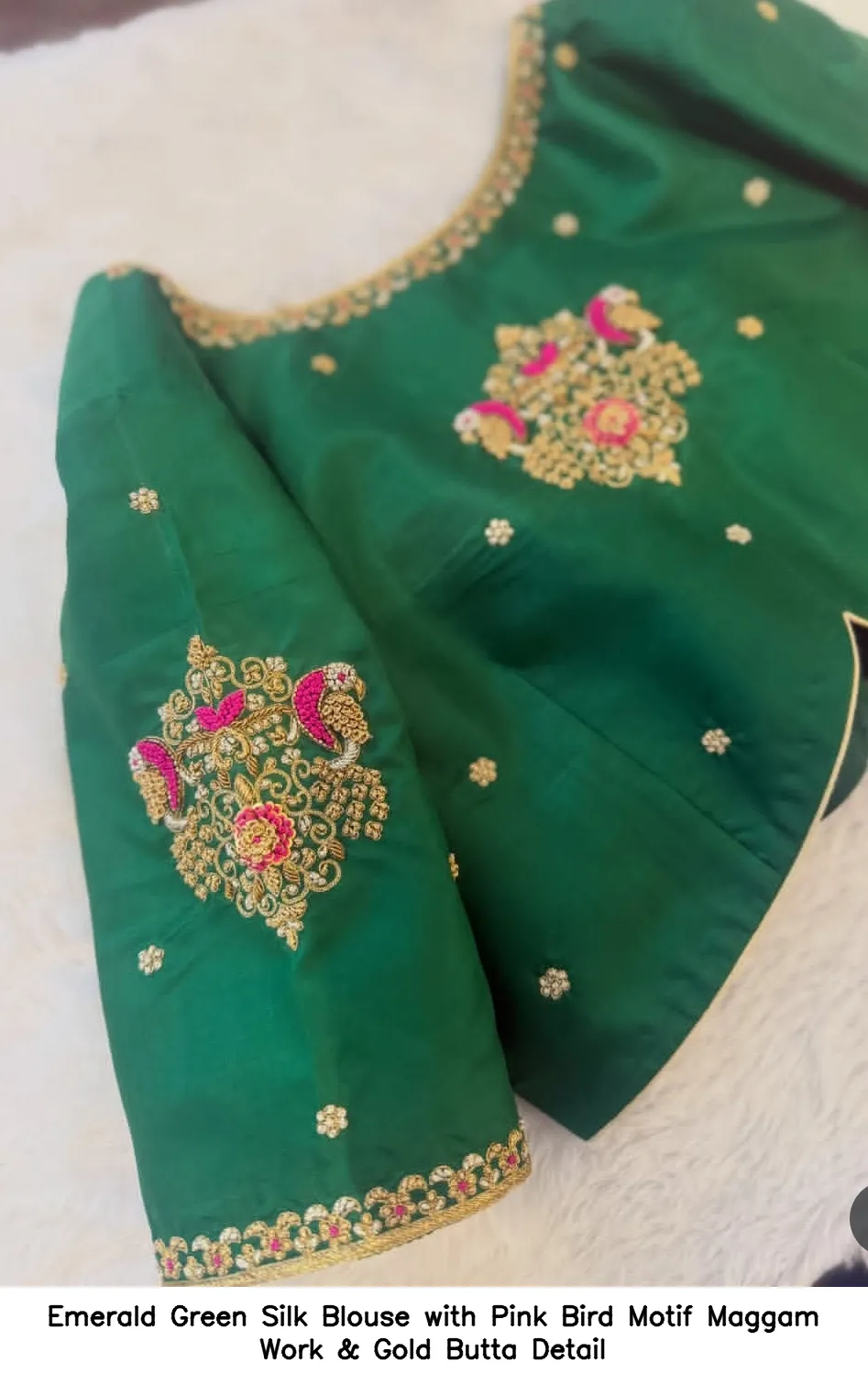 Emerald Green Silk Blouse with Pink Bird Motif Maggam Work & Gold Butta Detail