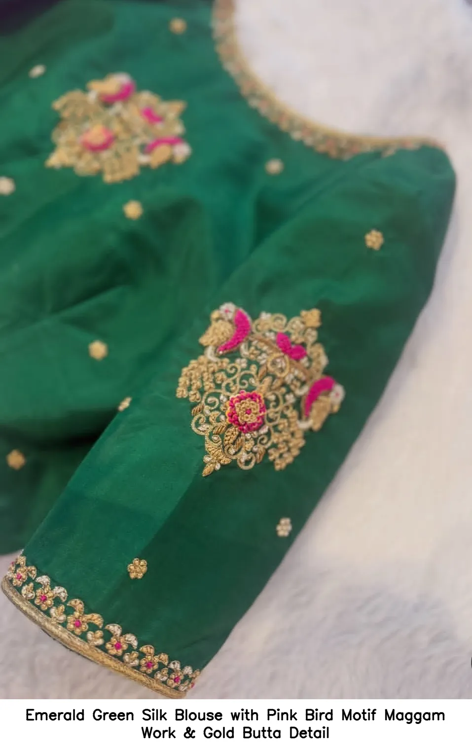 Emerald Green Silk Blouse with Pink Bird Motif Maggam Work & Gold Butta Detail