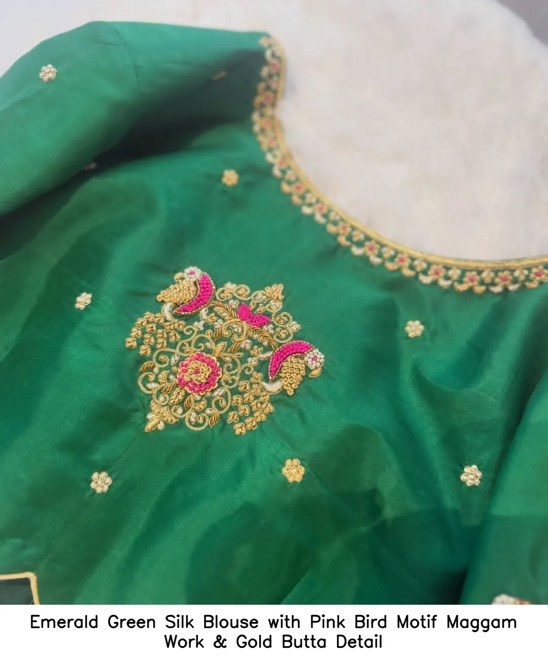 Emerald Green Silk Blouse with Pink Bird Motif Maggam Work & Gold Butta Detail
