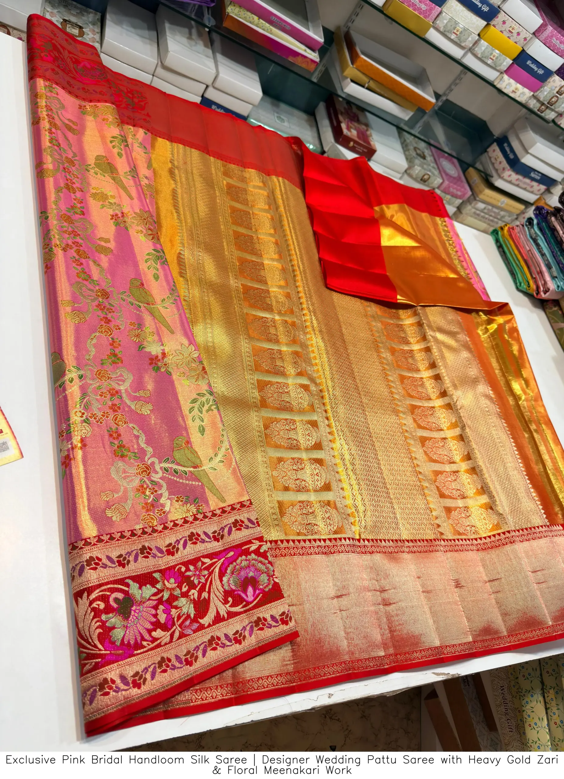 Exclusive Pink Bridal Handloom Silk Saree | Designer Wedding Pattu Saree with Heavy Gold Zari & Floral Meenakari Work