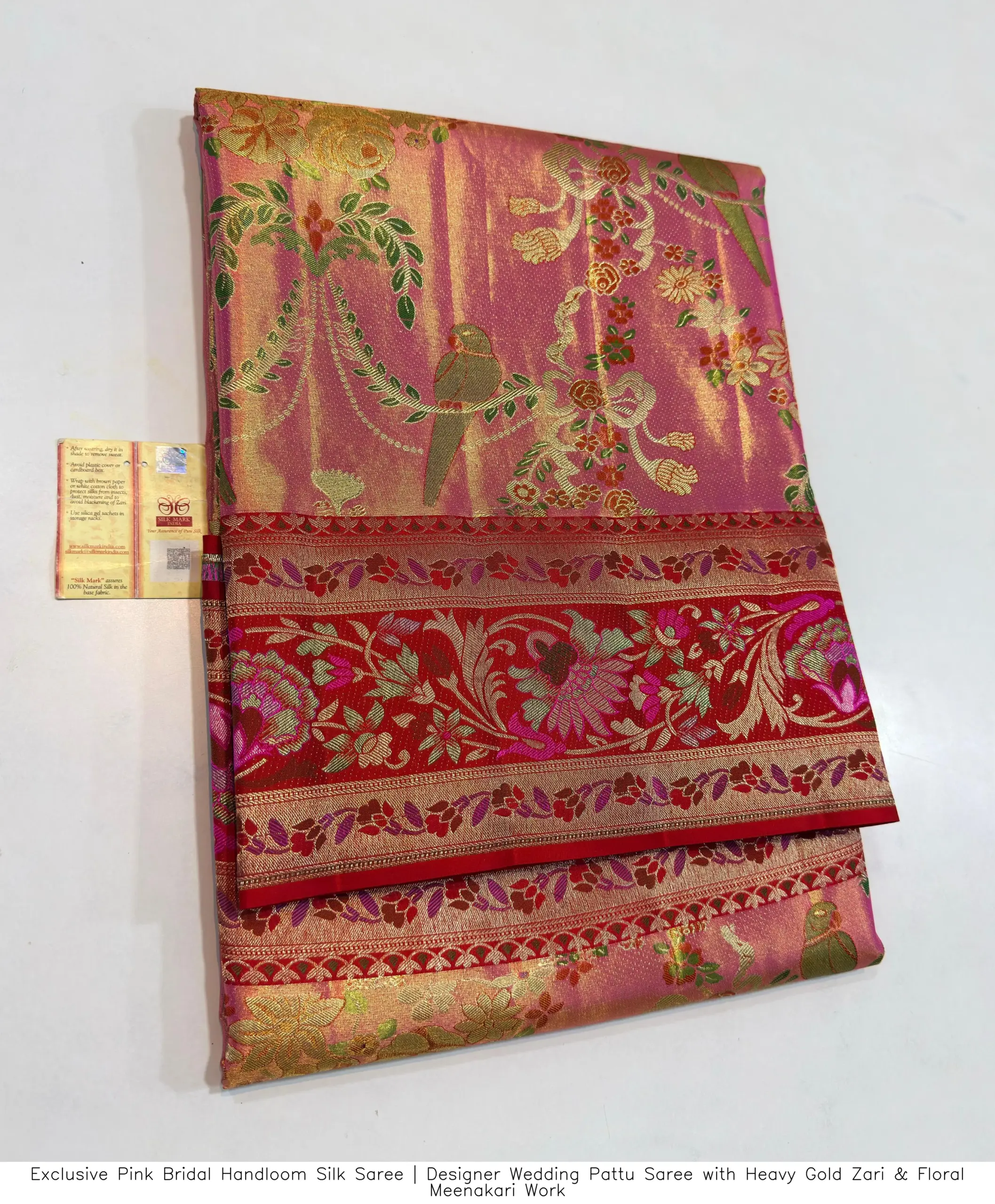 Exclusive Pink Bridal Handloom Silk Saree | Designer Wedding Pattu Saree with Heavy Gold Zari & Floral Meenakari Work - Image 2