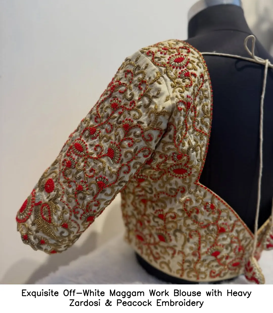 Exquisite Off-White Maggam Work Blouse with Heavy Zardosi & Peacock Embroidery