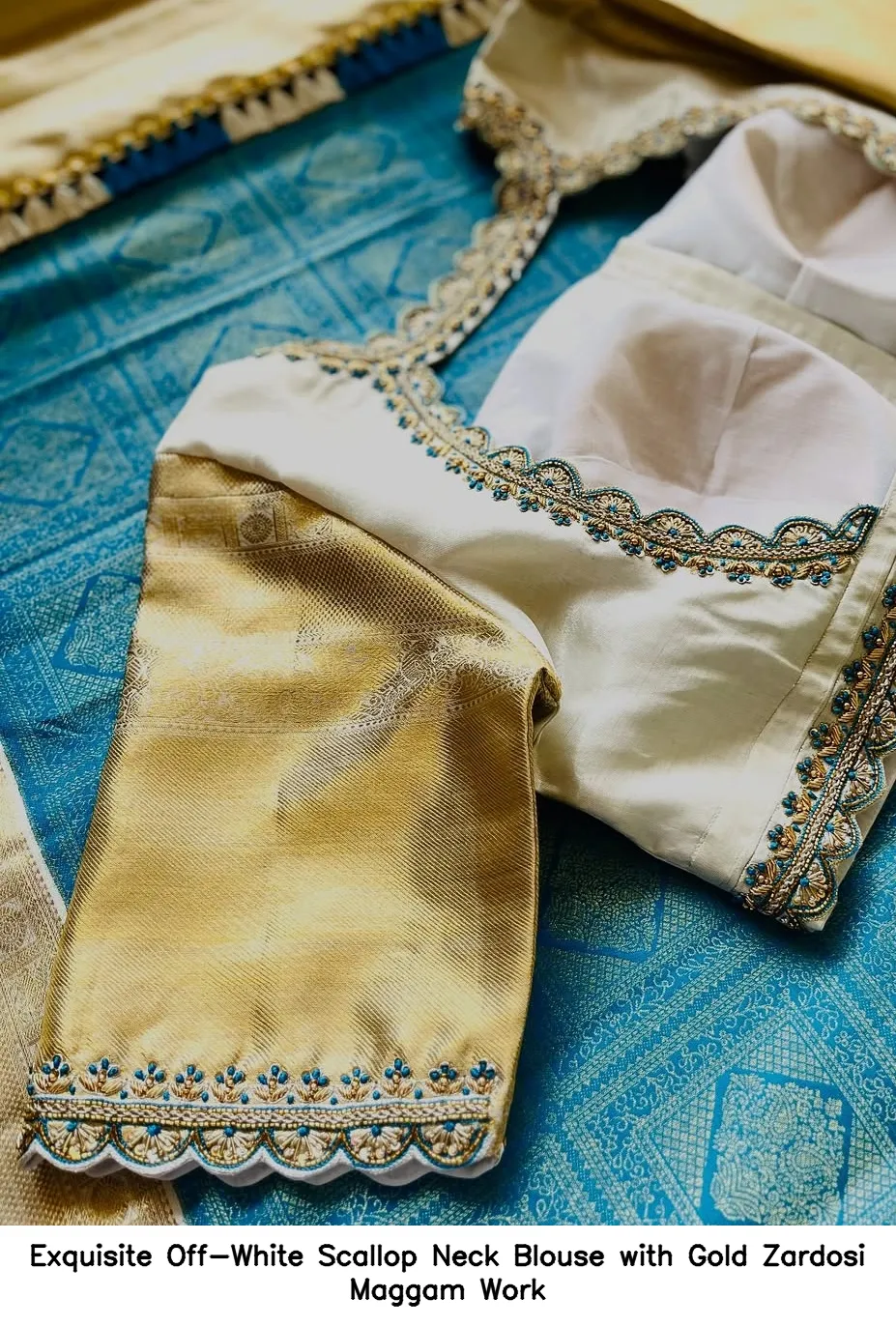 Exquisite Off-White Scallop Neck Blouse with Gold Zardosi Maggam Work