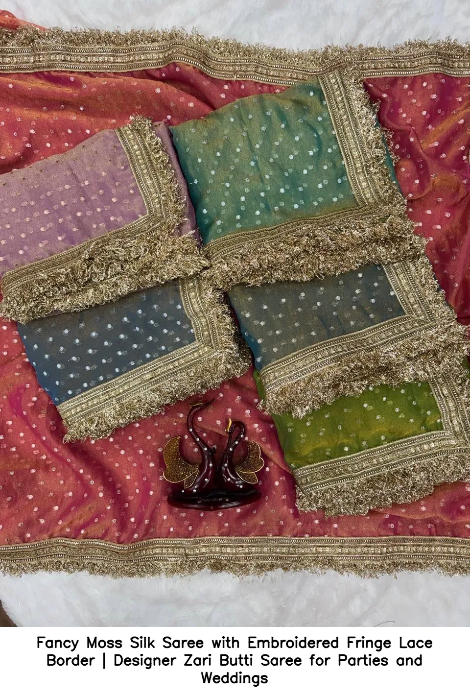 Fancy Moss Silk Saree with Embroidered Fringe Lace Border | Designer Zari Butti Saree for Parties and Weddings