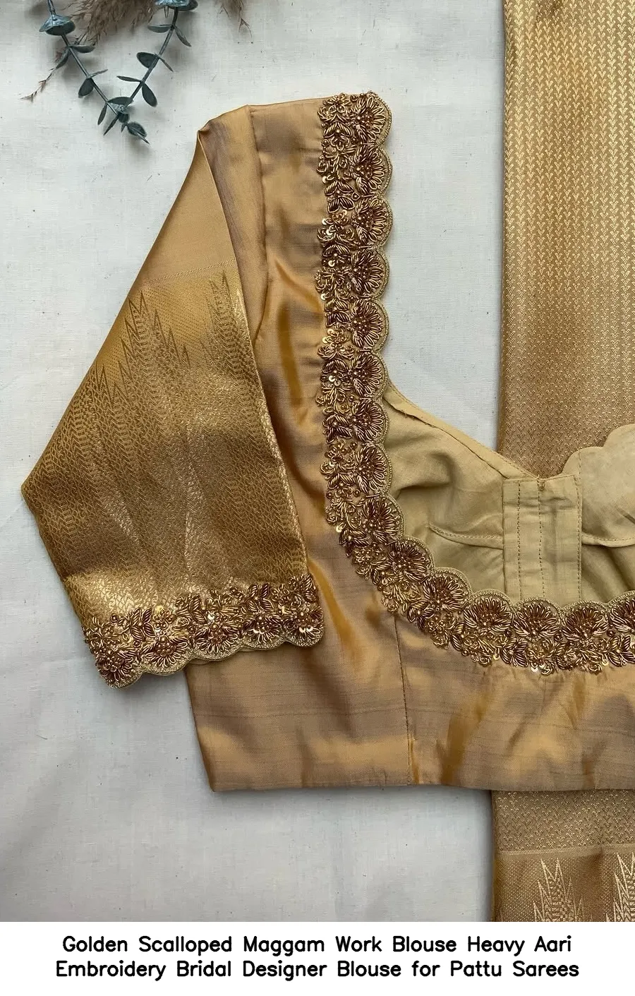 Golden Scalloped Maggam Work Blouse – Heavy Aari Embroidery Bridal Designer Blouse for Pattu Sarees