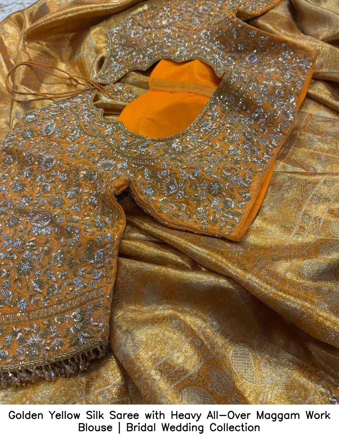 Golden Yellow Silk Saree with Heavy All-Over Maggam Work Blouse | Bridal Wedding Collection