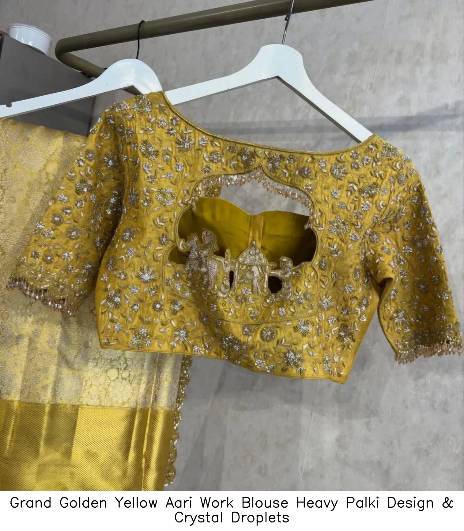 Grand Golden Yellow Aari Work Blouse – Heavy Palki Design & Crystal Droplets