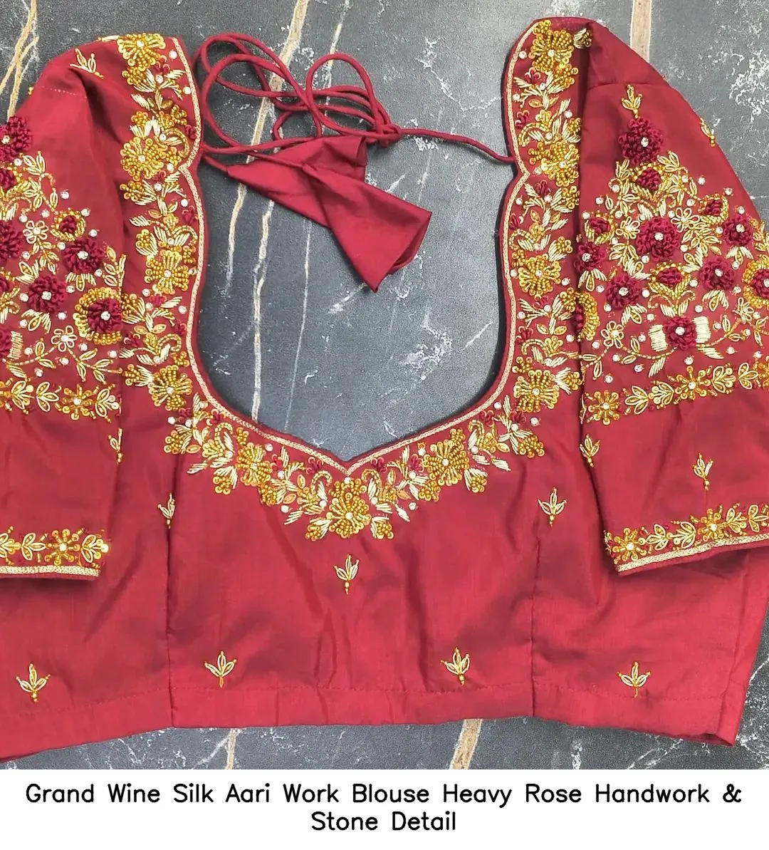 Grand Wine Silk Aari Work Blouse – Heavy Rose Handwork & Stone Detail