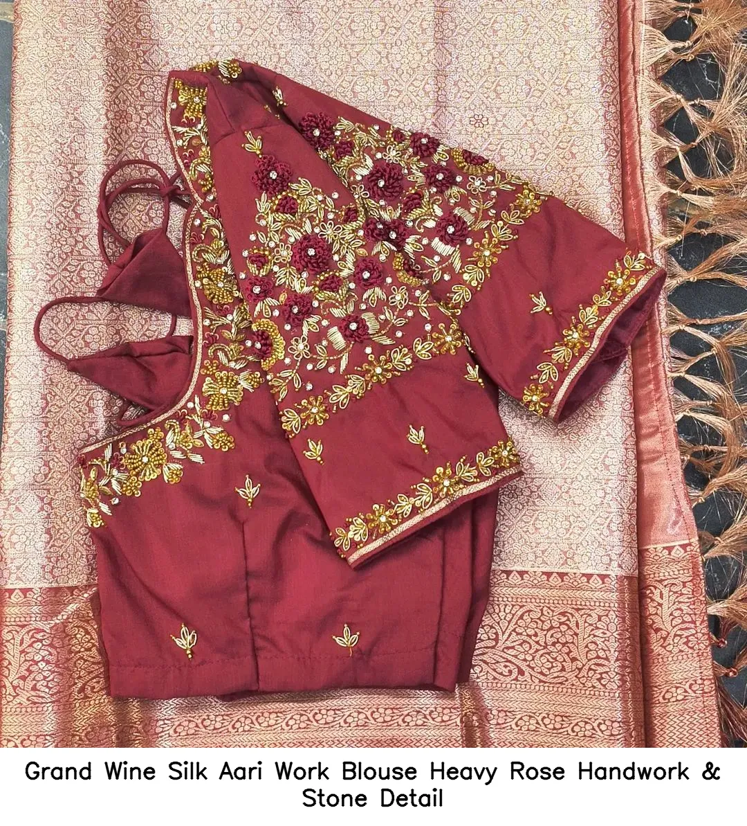 Grand Wine Silk Aari Work Blouse – Heavy Rose Handwork & Stone Detail