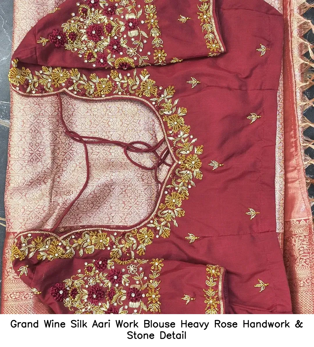 Grand Wine Silk Aari Work Blouse – Heavy Rose Handwork & Stone Detail