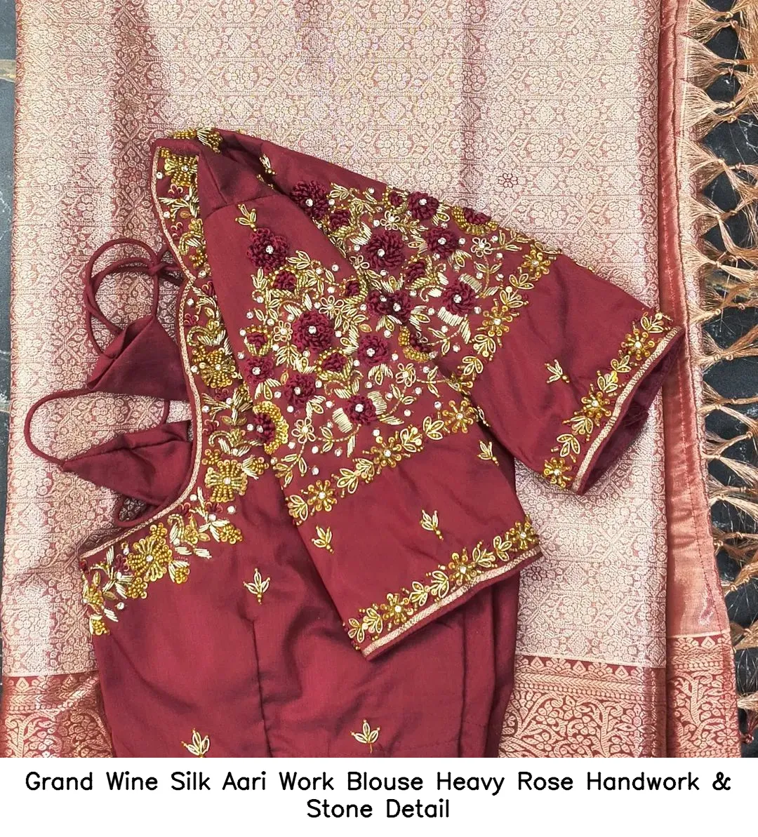 Grand Wine Silk Aari Work Blouse – Heavy Rose Handwork & Stone Detail