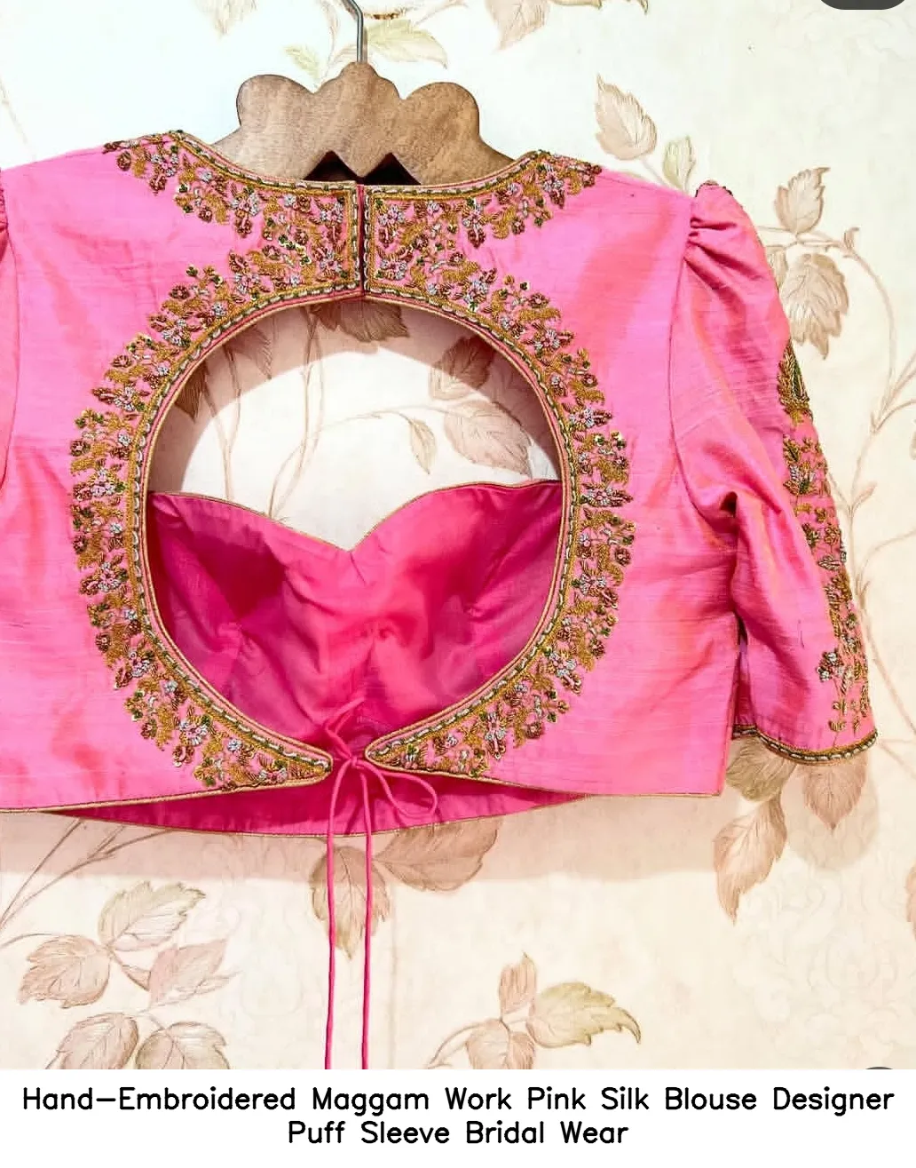 Hand-Embroidered Maggam Work Pink Silk Blouse – Designer Puff Sleeve Bridal Wear