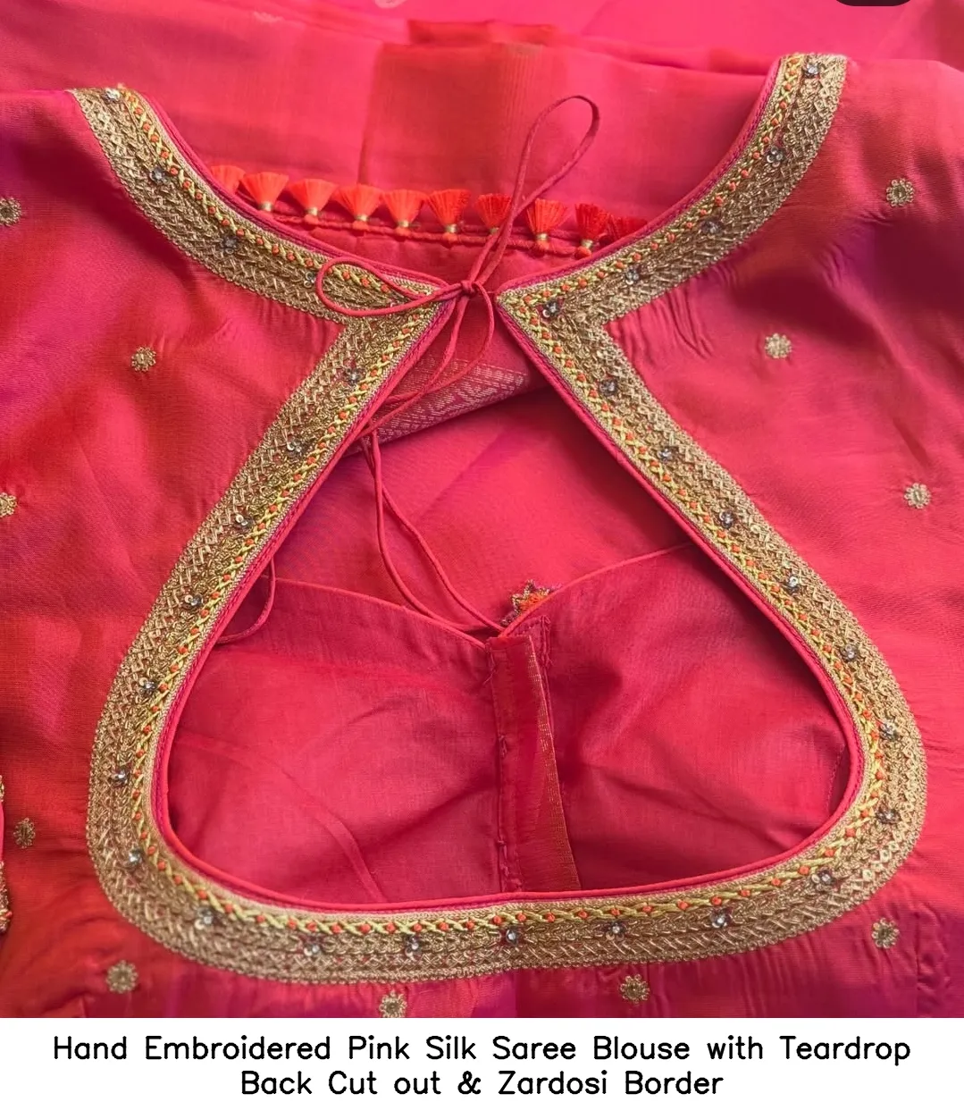 Hand Embroidered Pink Silk Saree Blouse with Teardrop Back Cut out & Zardosi Border